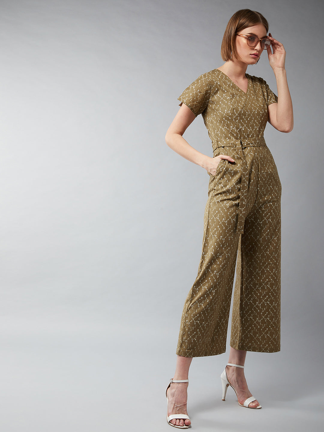 Women's Multicolor-Base Olive Geen V-Neck Half Sleeves Abstract Wide Leg Jumpsuit