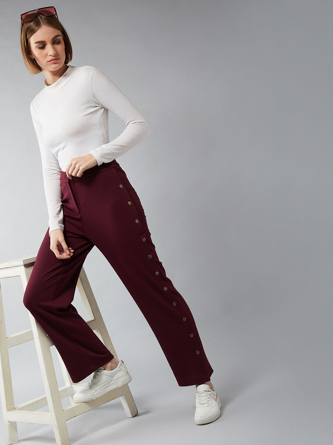 Women's Wine Red Solid Regular Fit Flared Trouser