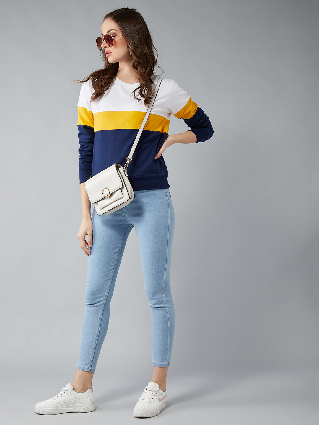 Women's Multicolored With A Navy Blue Base Round Neck Full Sleeves Cotton Solid Colorblock Paneled Boxy Sweatshirt