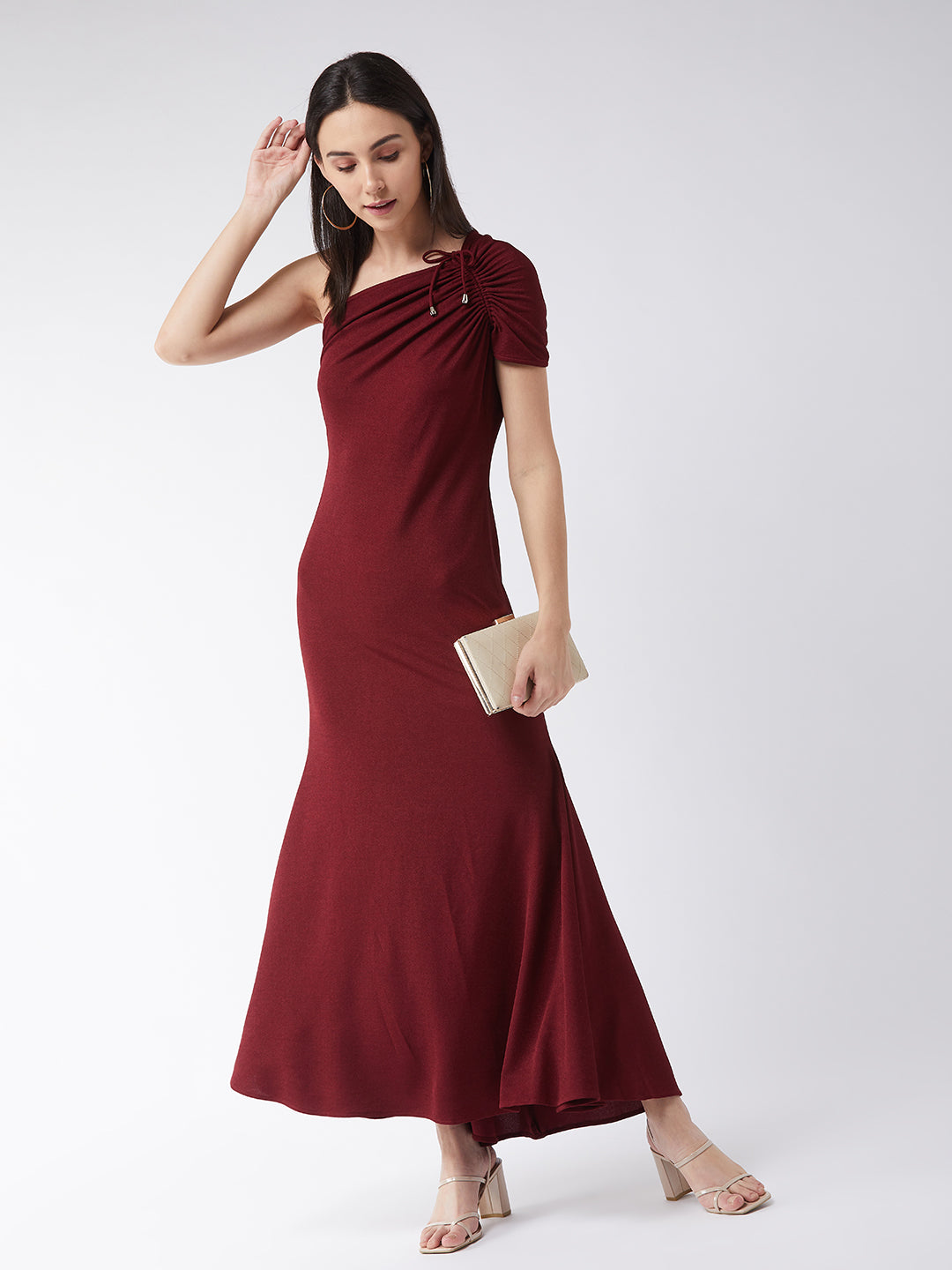 Crease Ease Women's Maroon One-Shoulder Half Sleeve Solid Ruching Maxi Dress