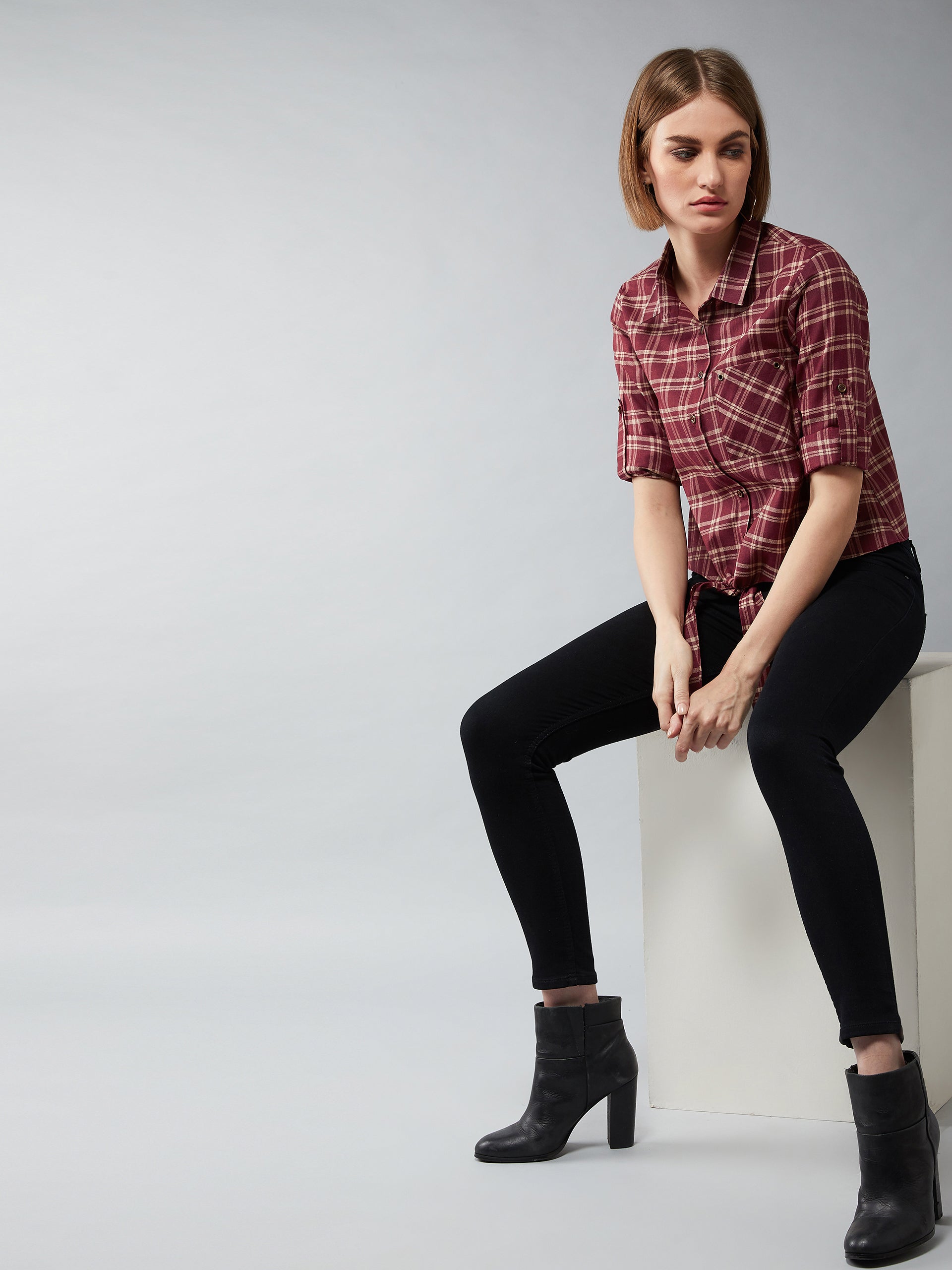 Women's Multicolor-Base Maroon Collared Neck Full Sleeves Checkered Knot Shirt