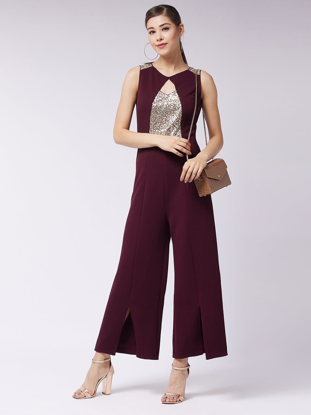 Crease Ease Women's Wine Round Neck Sleeveless Solid Paneled Sequined Party Jumpsuit