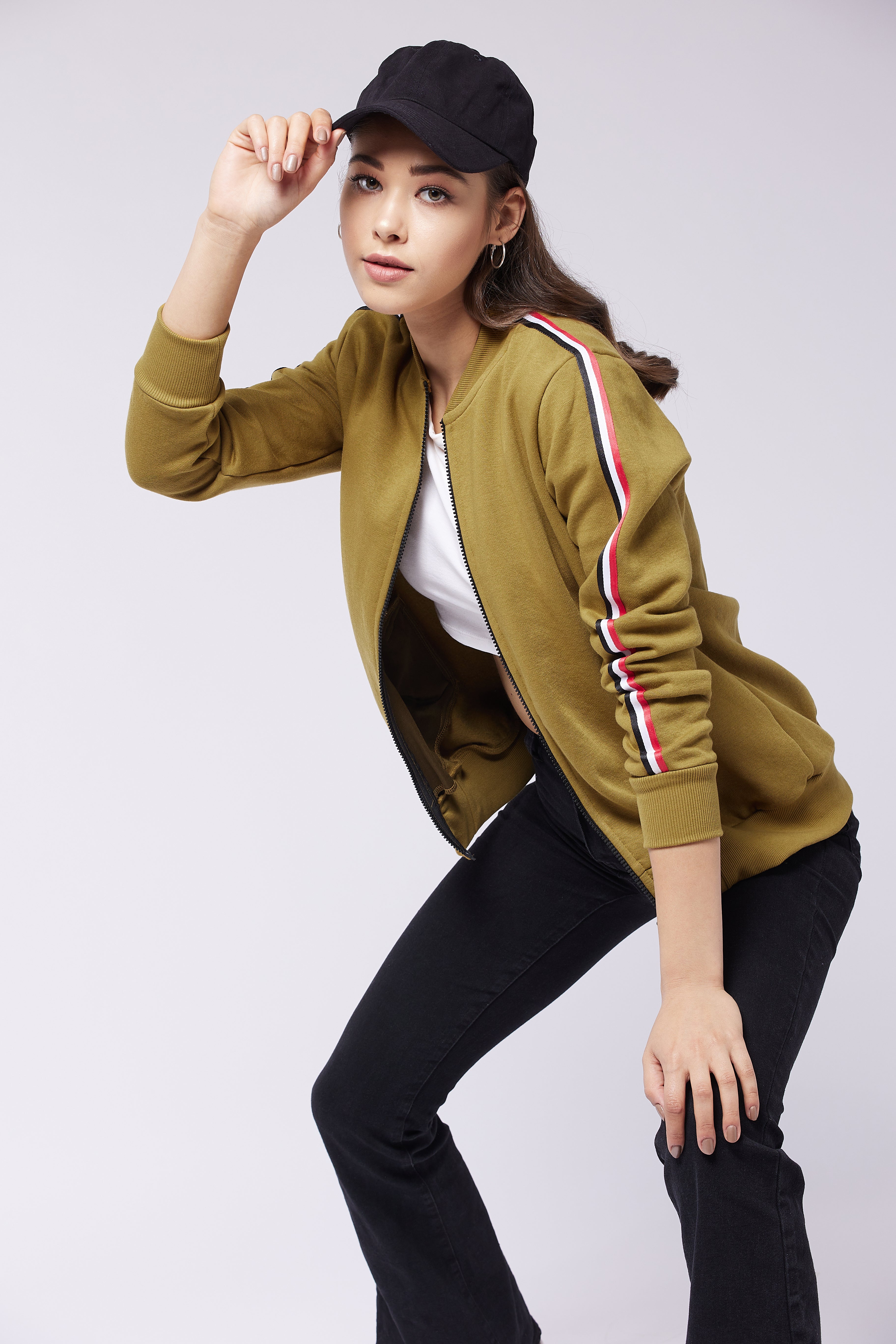 Women's Olive V-Neck Full Sleeve Solid Bomber Regular Jacket