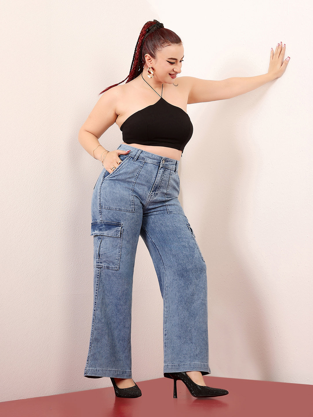 Women's Mid Blue Wide-Leg High-Rise Clean-Look Regular-Length Stretchable Cargo Denim Jeans