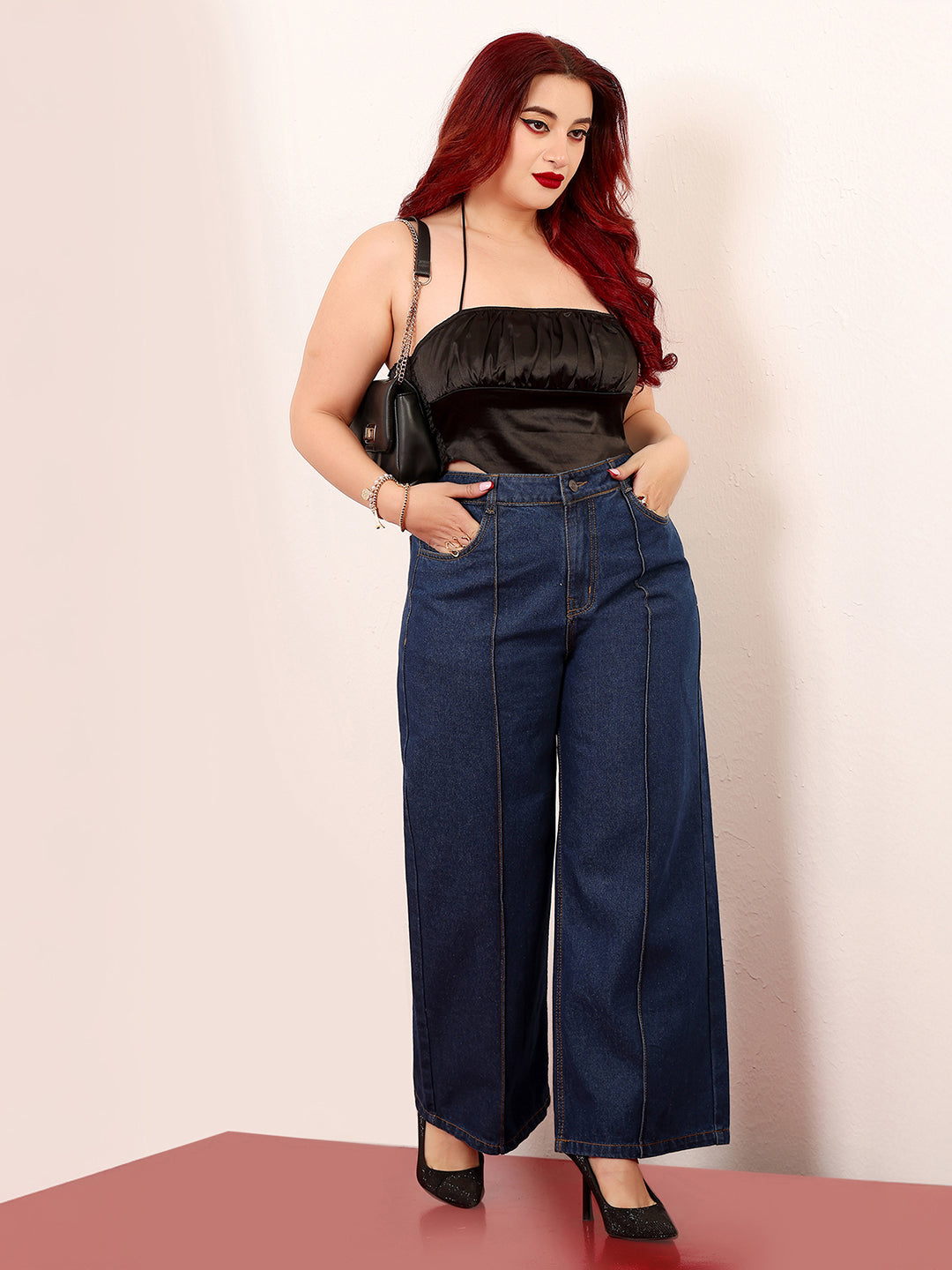 Women's Navy Blue Wide-Leg High-Rise Clean-Look Regular-Length Non-stretchable Denim Jeans