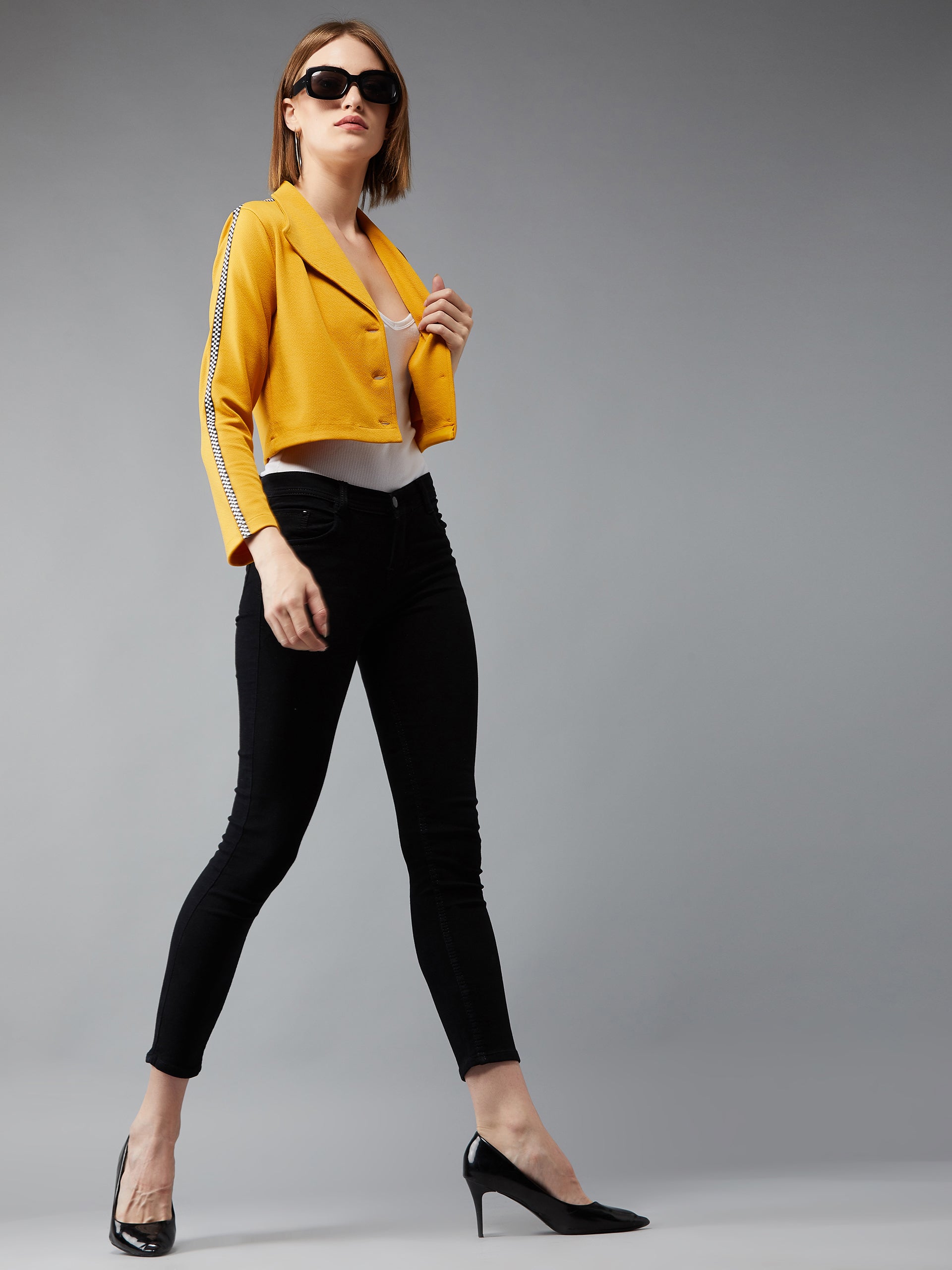 Women's Mustard Collared Full Sleeves Polyknitted Solid Cropped Twill Tape Detailing Jacket