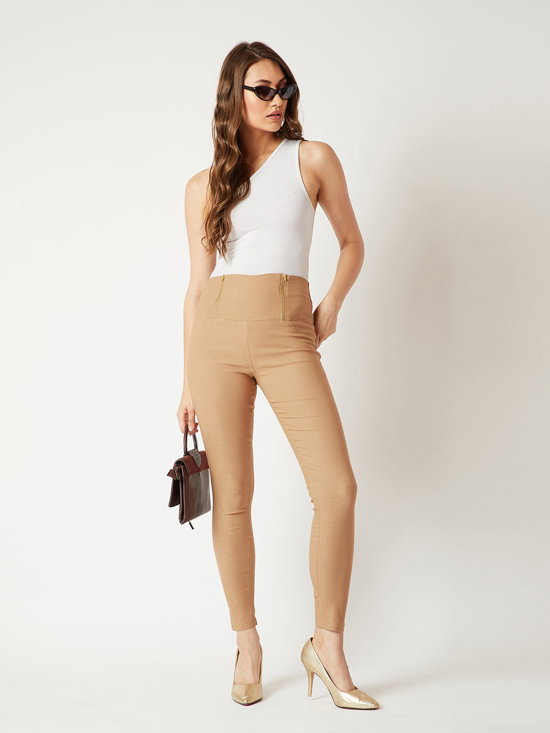 Women's Beige Solid Skinny High Waist Regular Length Jeggings