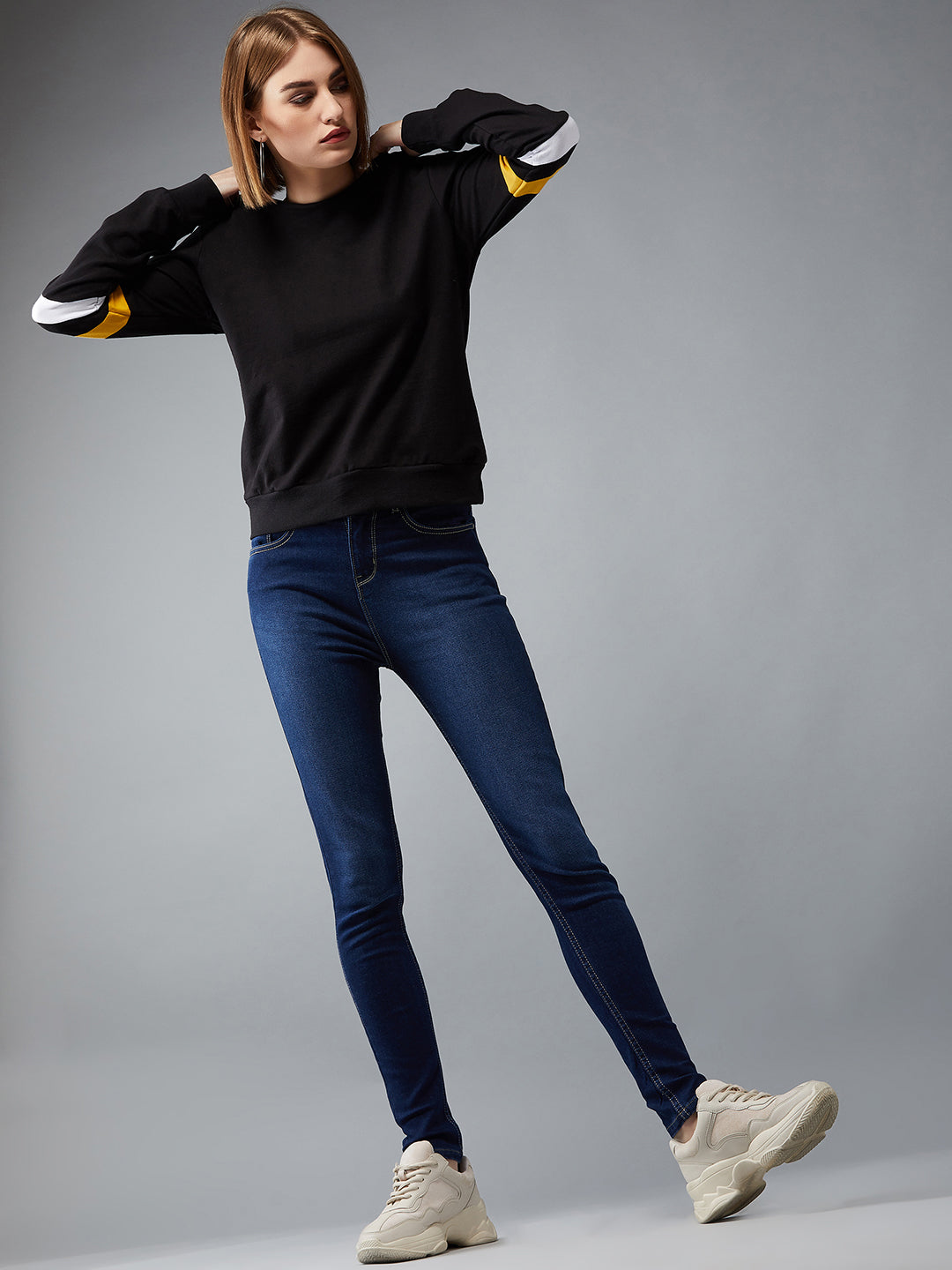 Women's Black Round Neck Full Sleeves Cotton Solid Boxy Colorblock Paneled Sweatshirt