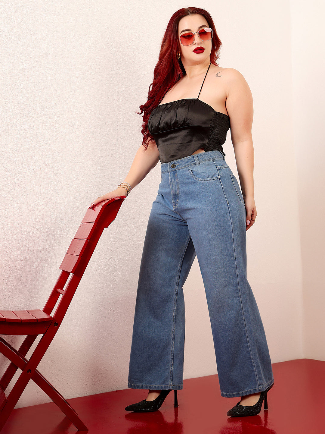 Women's Light Blue Wide-Leg High-Rise Clean-Look Regular-Length Non-stretchable Denim Jeans