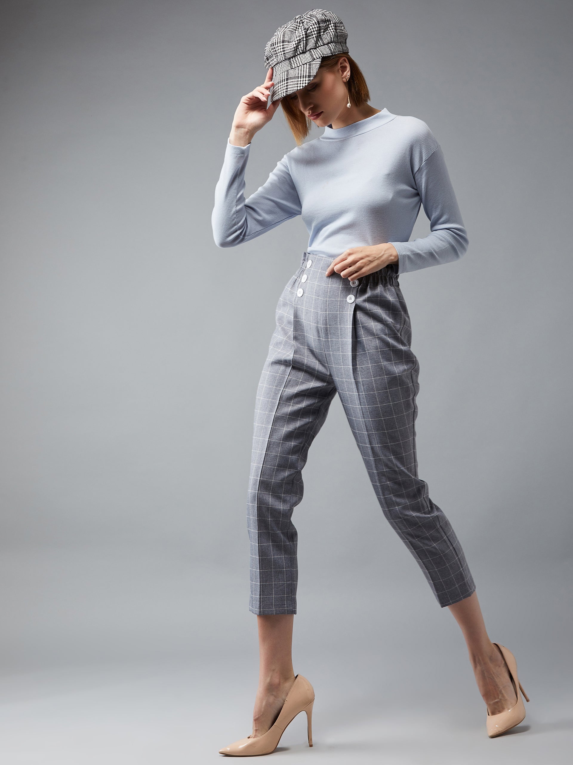 Women's Grey & White Polycotton Checkered Gathered/Pleated Cropped Trouser