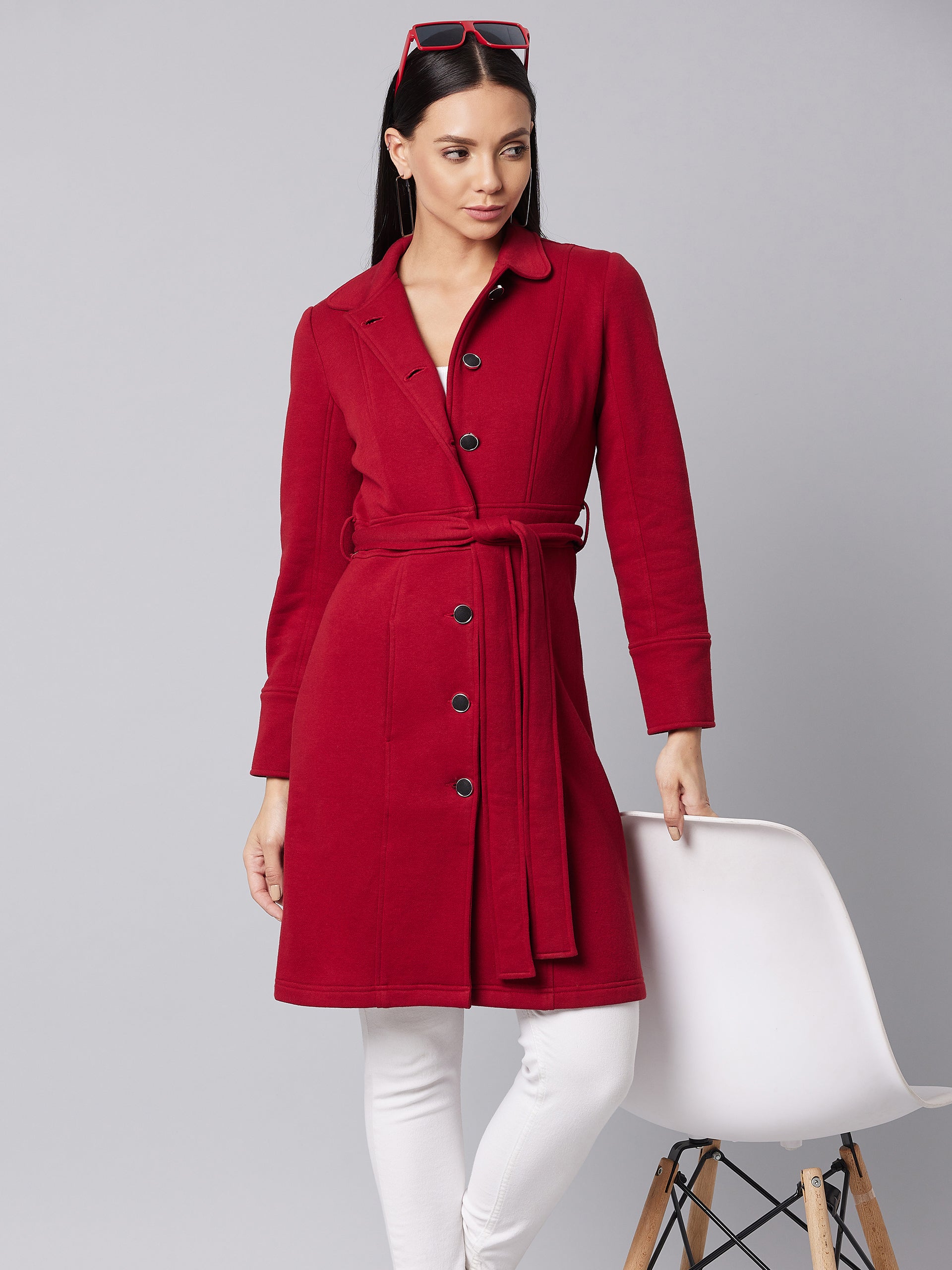 Women's Maroon Collared Full Sleeve Solid Tie-up Longline Jacket