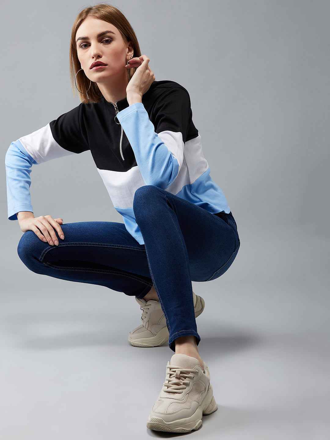 Women's Multicolor-Base Blue Polo Neck Full Sleeves Cotton Ribbed Solid Color-blocked Regular Length Boxy Sweatshirt