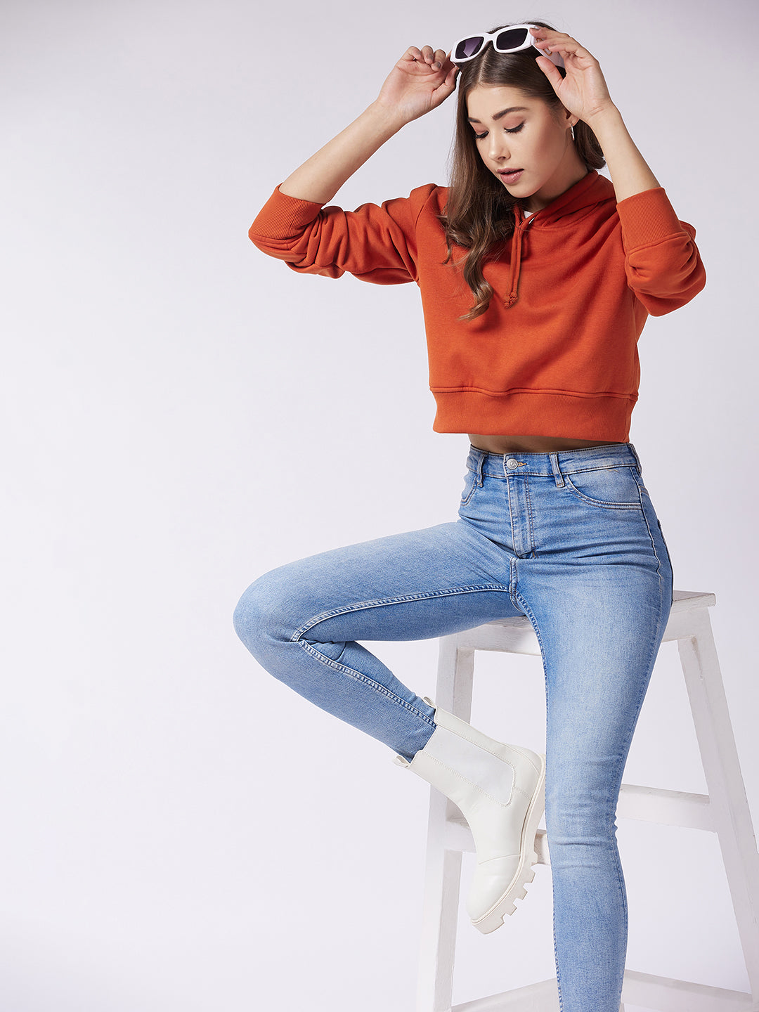 Women's Rust Round Neck Full Sleeve Solid Crop Sweatshirt