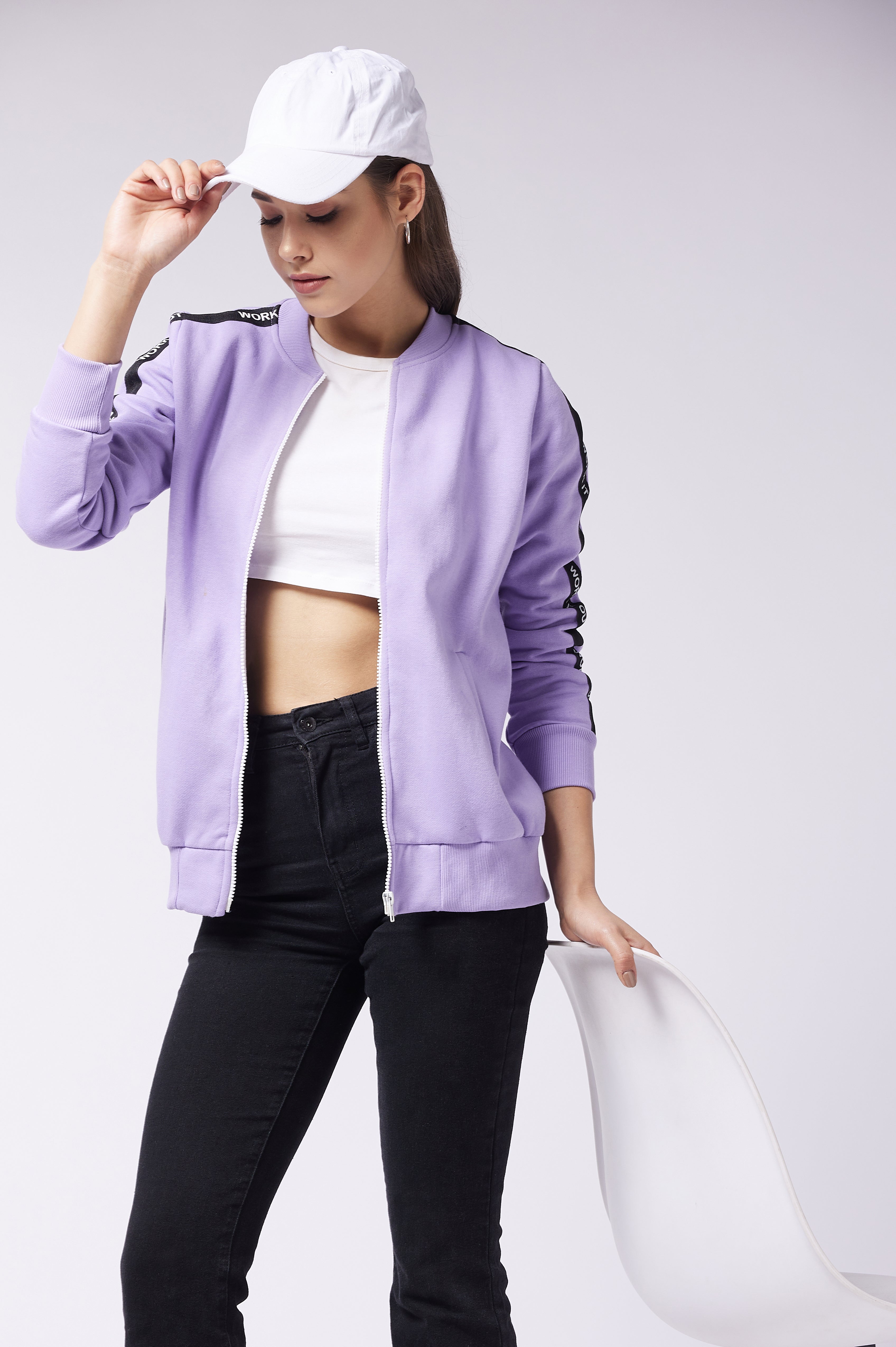 Women's Lavender V Neck Full Sleeves Solid Bomber Regular Jacket