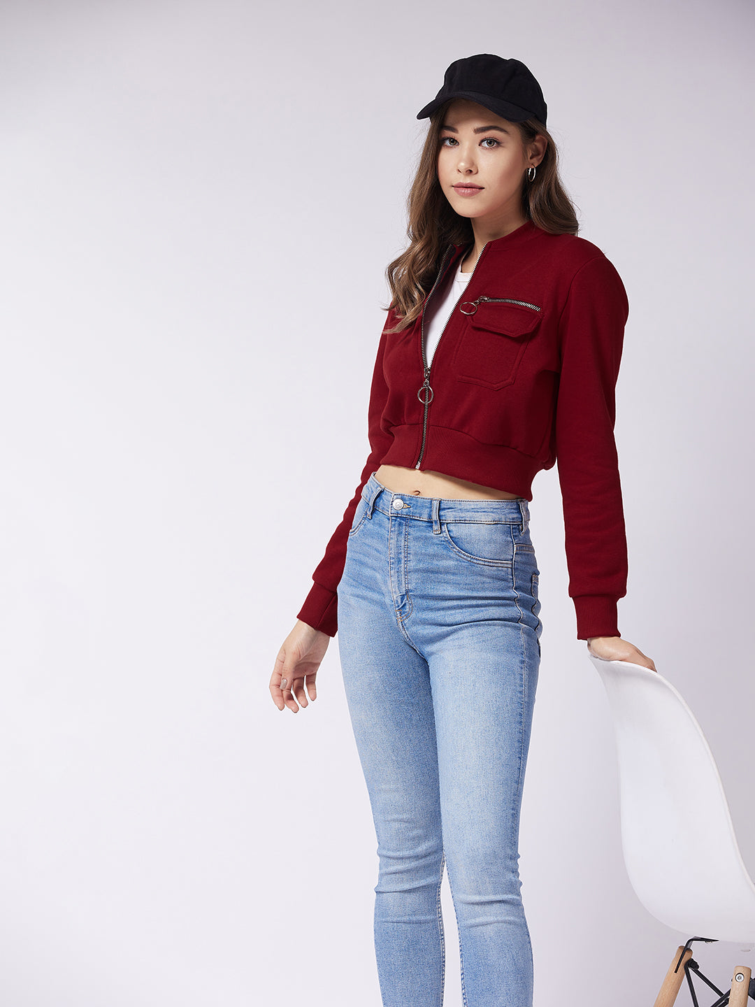 Women's Maroon Stand Collar Full Sleeve Solid Boxy/Bomber Crop Jacket