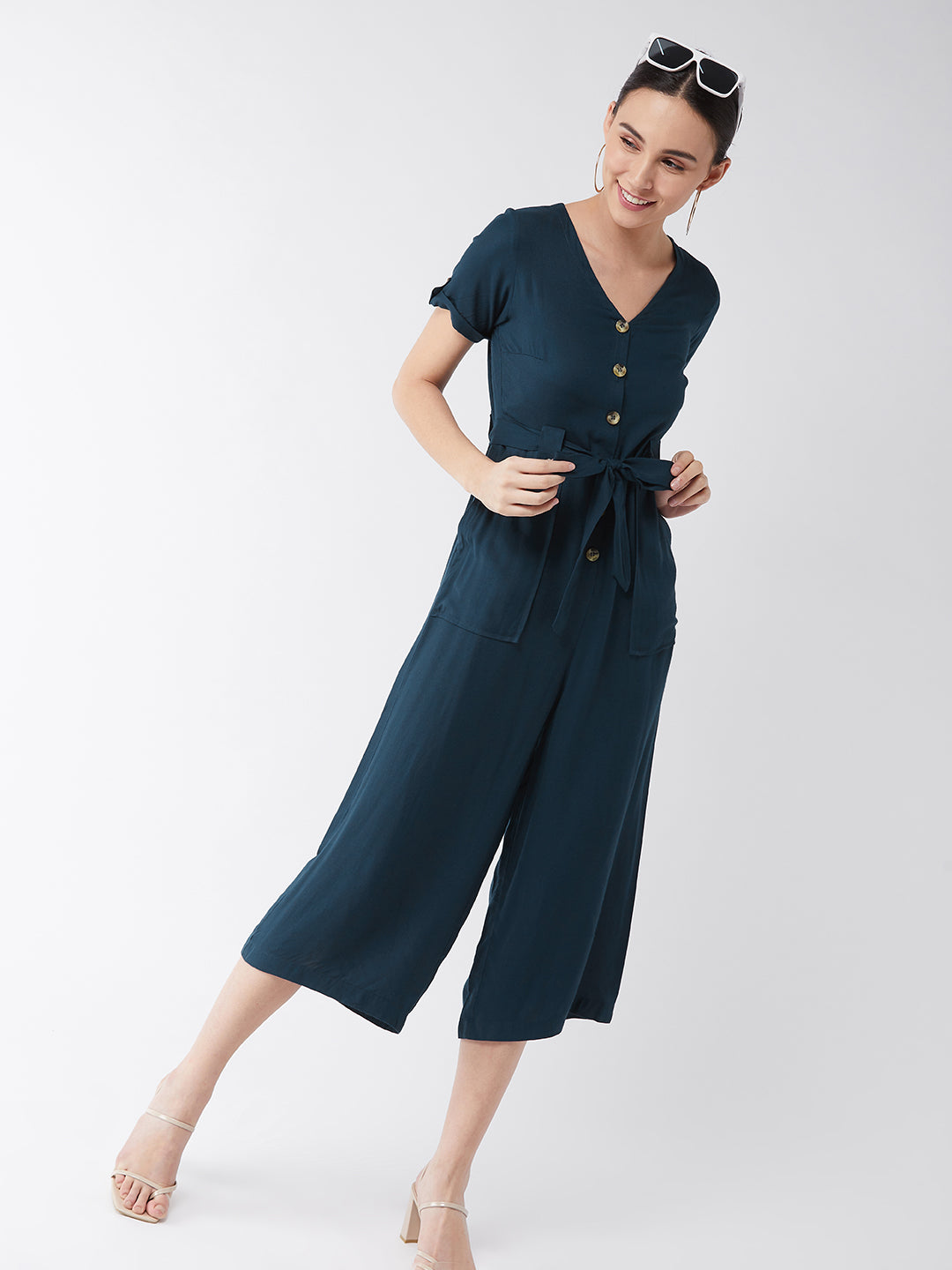 Women's Blue Solid Rayon Regular Fit V Neck Half Sleeve Crop Length Jumpsuit