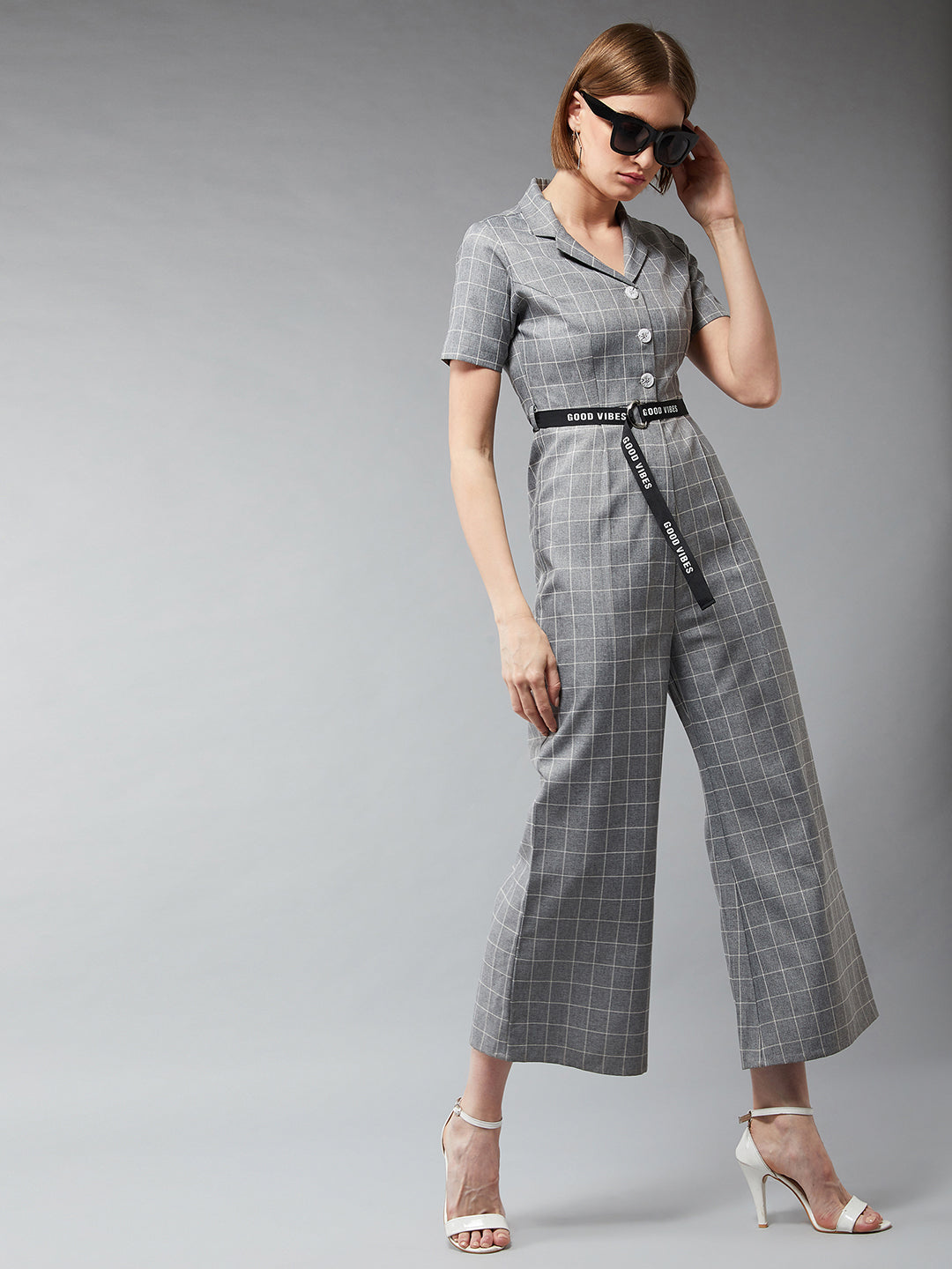 Women's Grey & White Collared Neck Half Sleeves Checkered Flared Jumpsuit