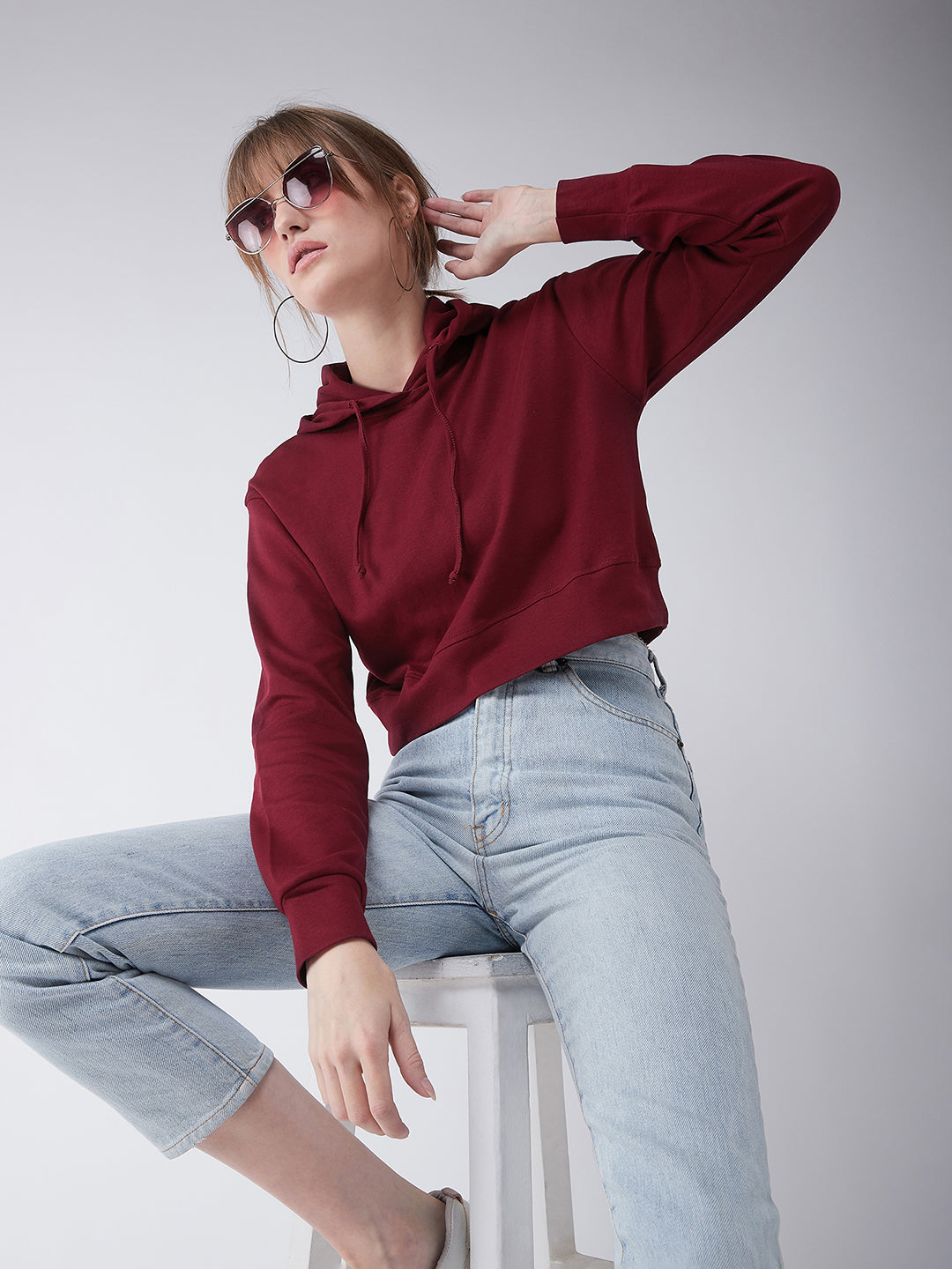 Women's Maroon Solid Round Neck Full Sleeve Hooded Boxy Crop Sweatshirt