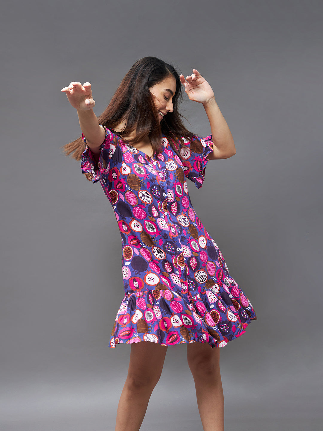 Women's Purple V Neck Short Sleeve Printed Ruffled Hem Knee-Long Shift Dress