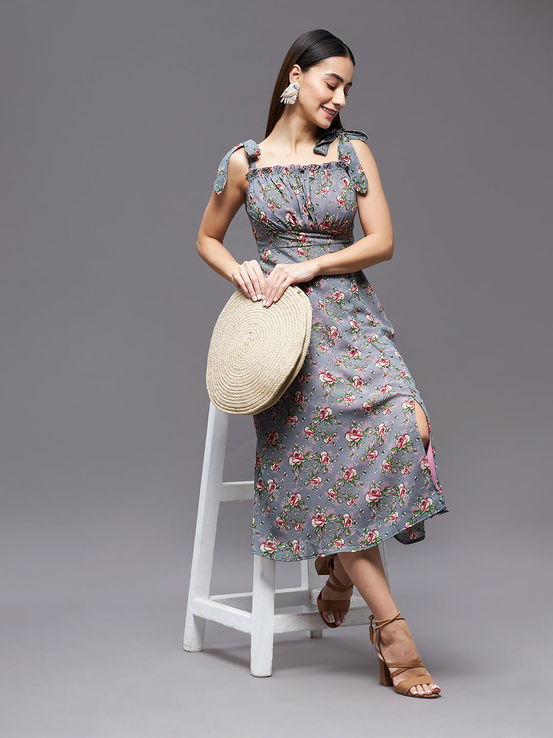 Women's Multicolored Base-Grey Shoulder Tie-Up Sleeveless Floral Georgette Midi Dress