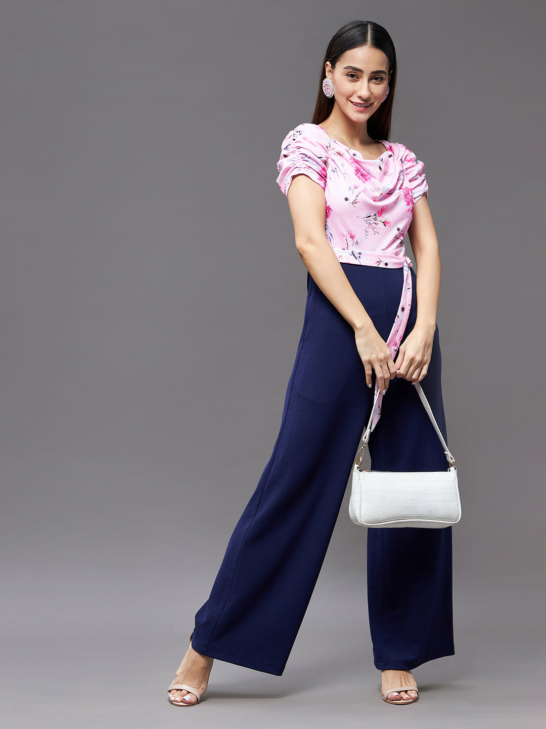 Crease Ease Women's Pink & Navy Blue Cowl Neck Raglan Ruched Sleeve Floral Wide Leg Regular Jumpsuit