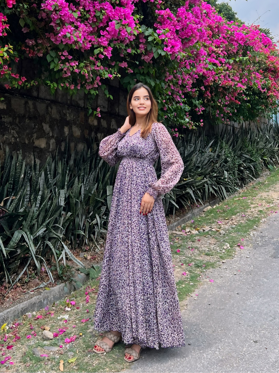 Purple Full Sleeves Floral Printed Fit and Flare Dress for Women Purple Full Sleeves Floral Printed Fit and Flare Dress for Women