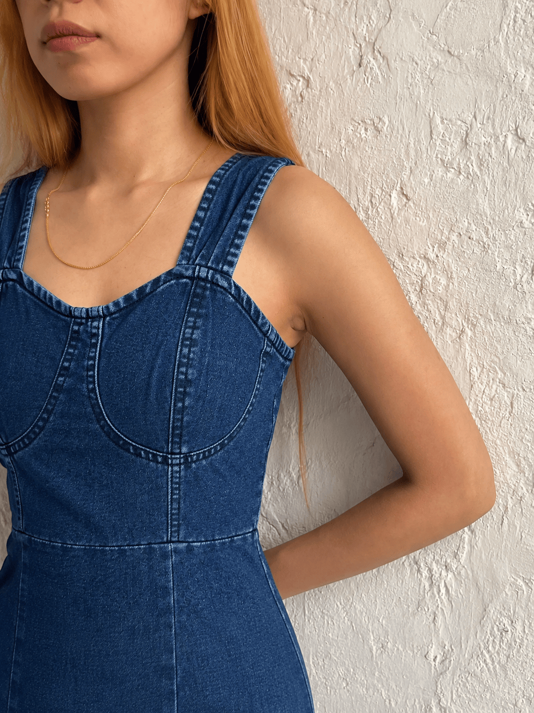 Blue Denim Sweetheart Neck Strappy Slit Bodycon Midi Dress for Women
