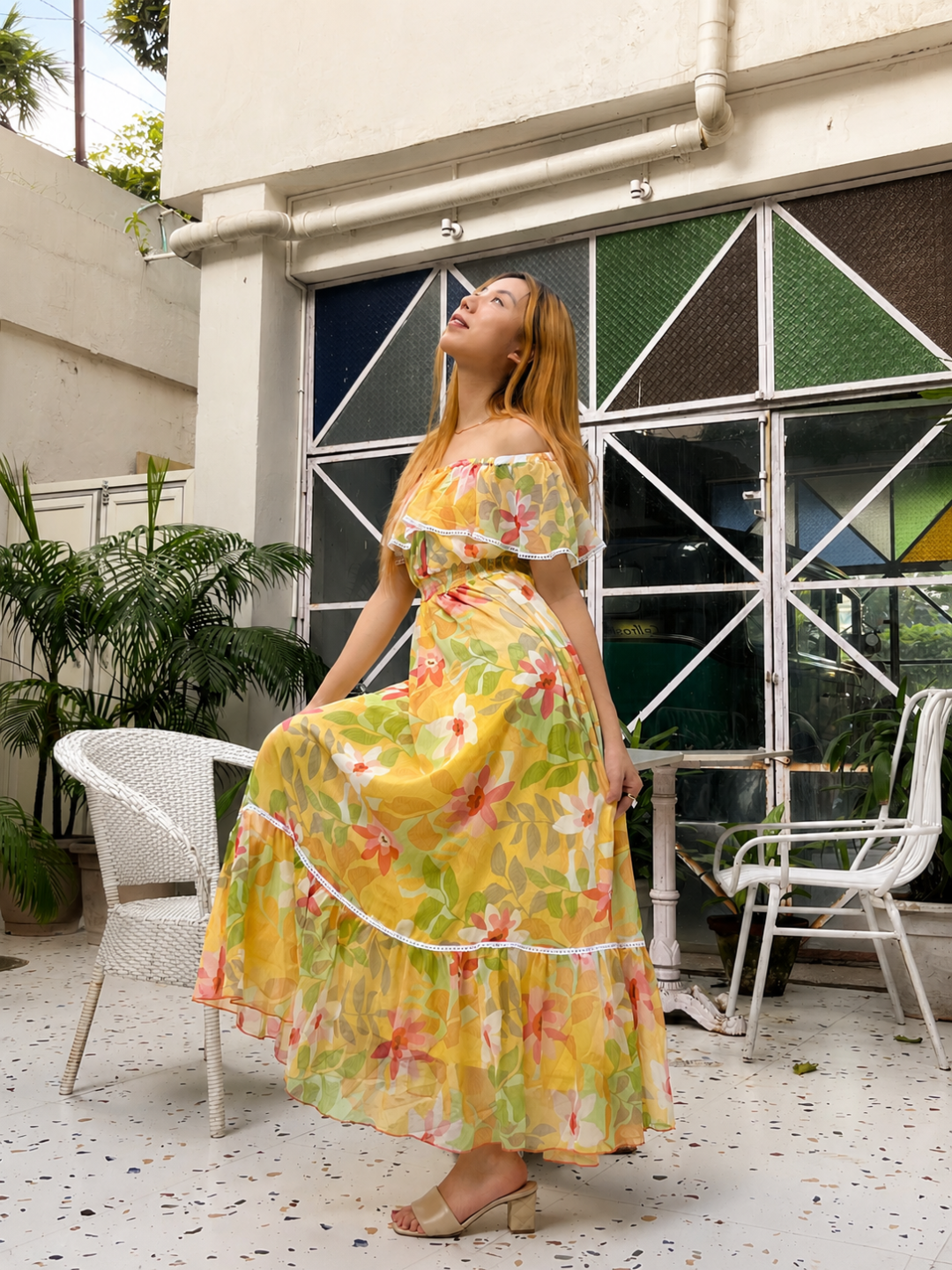 Butter Yellow Square Neck Cape Floral Tiered Maxi Chiffon Dress for Women