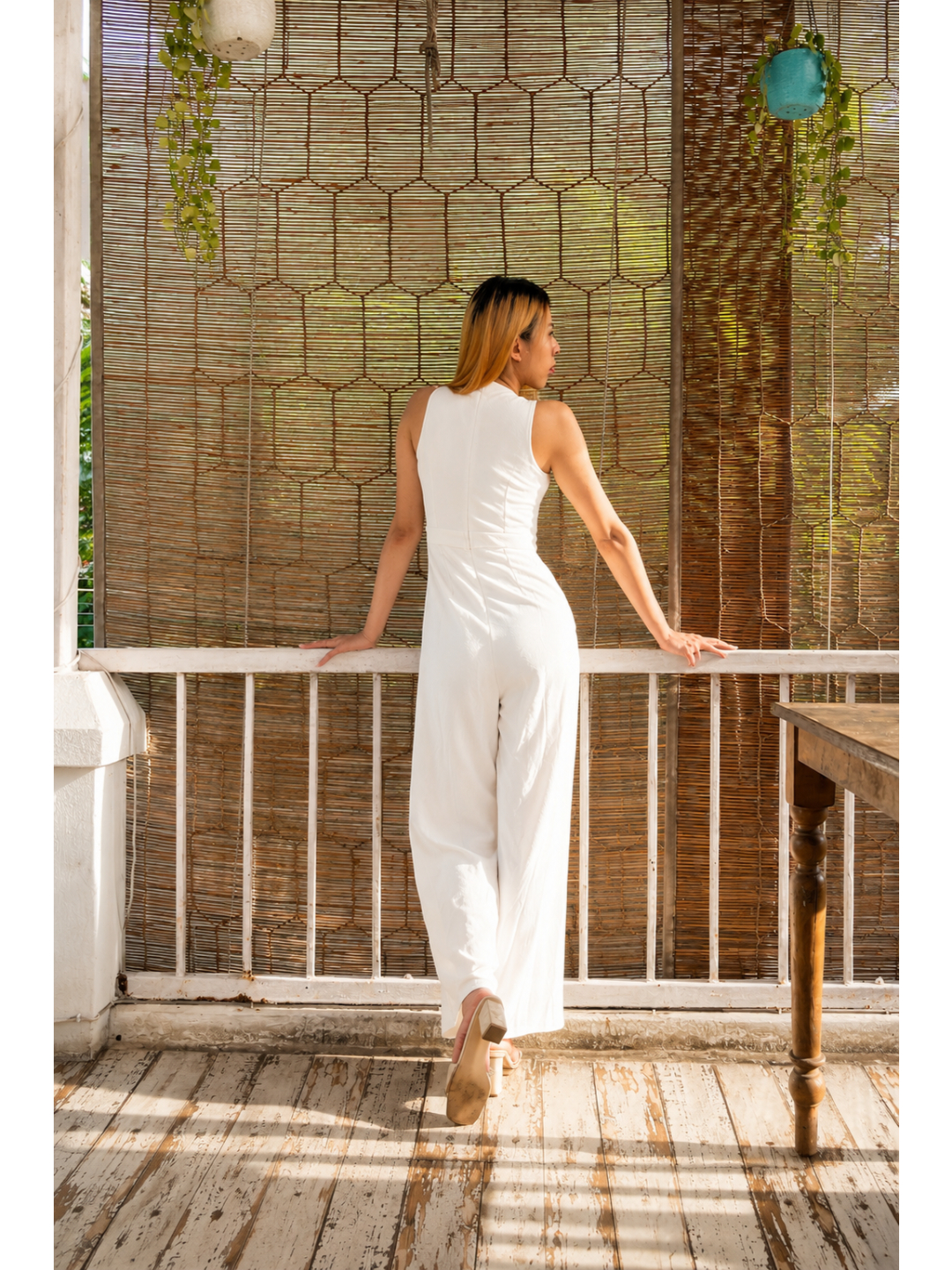 Off-White V-Neck Sleeveless Solid Wrap Regular-Length Polyester Jumpsuit for Women