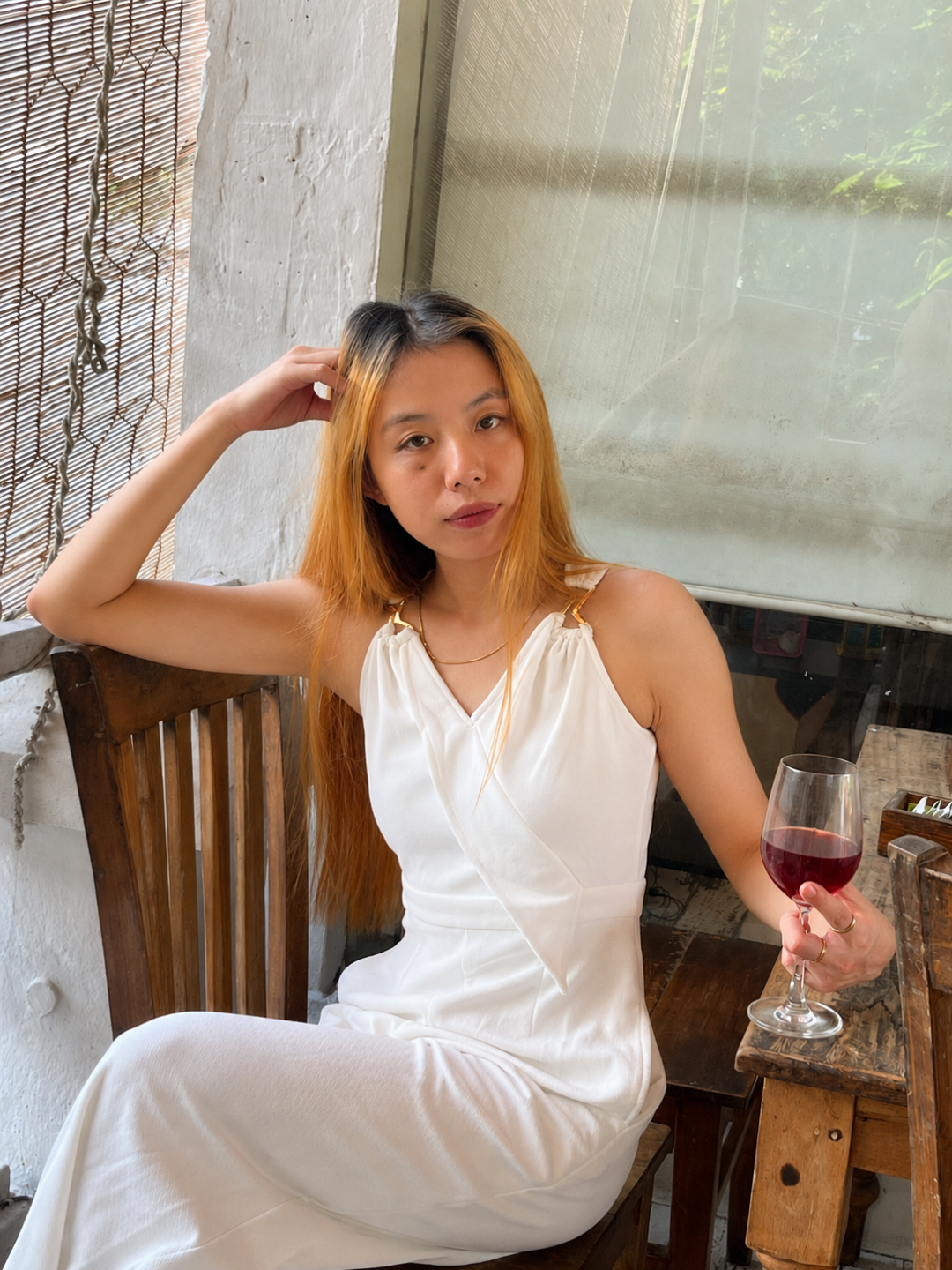 Off-White V-Neck Sleeveless Solid Wrap Regular-Length Polyester Jumpsuit for Women