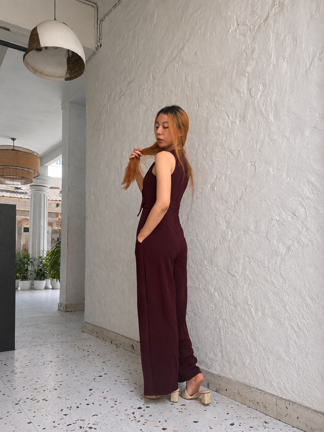 Wine V-Neck Sleeveless Solid Wrap Regular Jumpsuit for Women