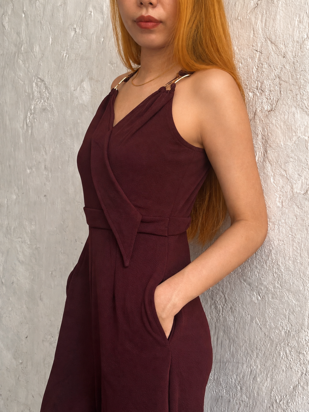 Wine V-Neck Sleeveless Solid Wrap Regular Jumpsuit for Women