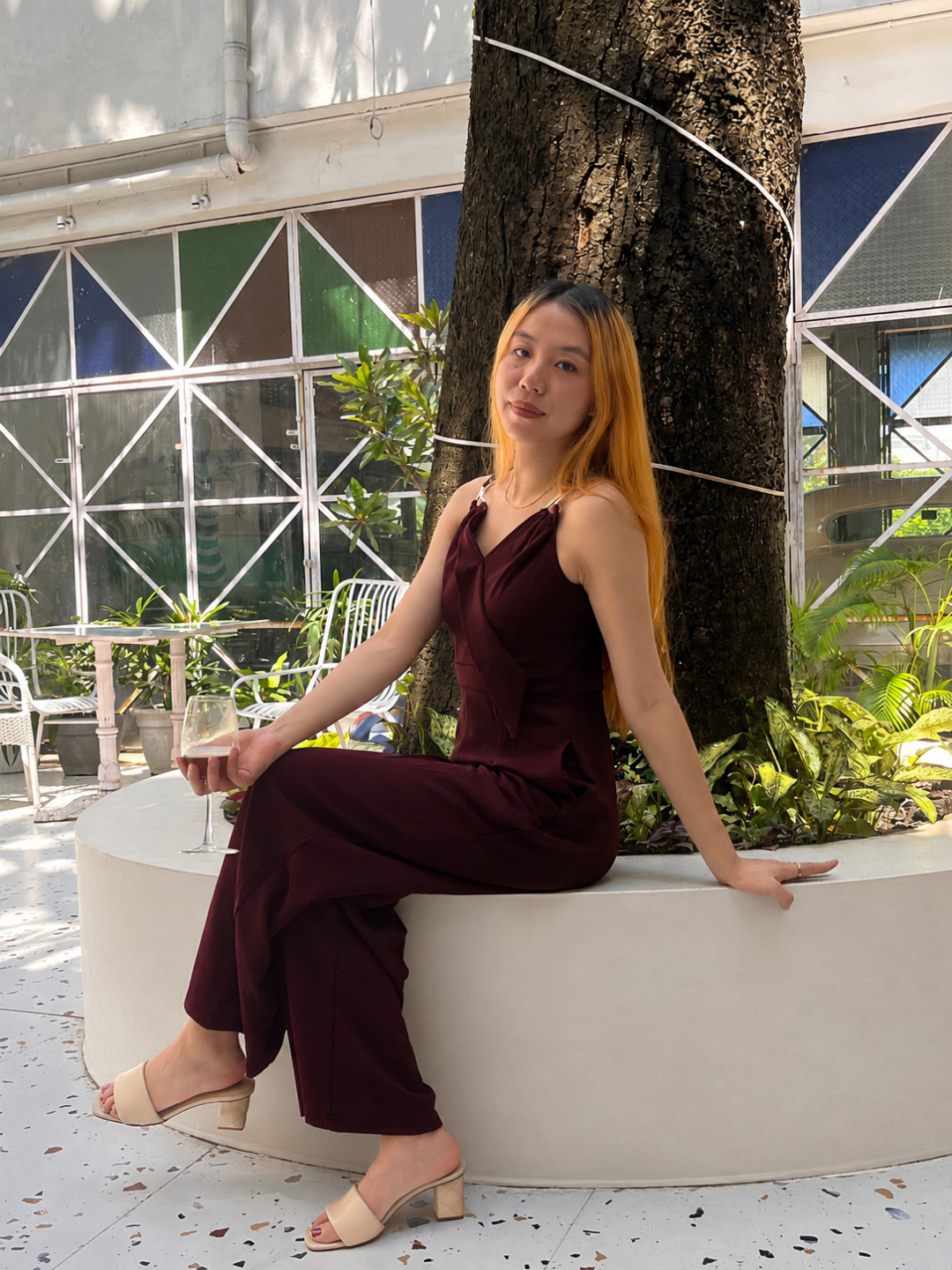 Wine V-Neck Sleeveless Solid Wrap Regular Jumpsuit for Women