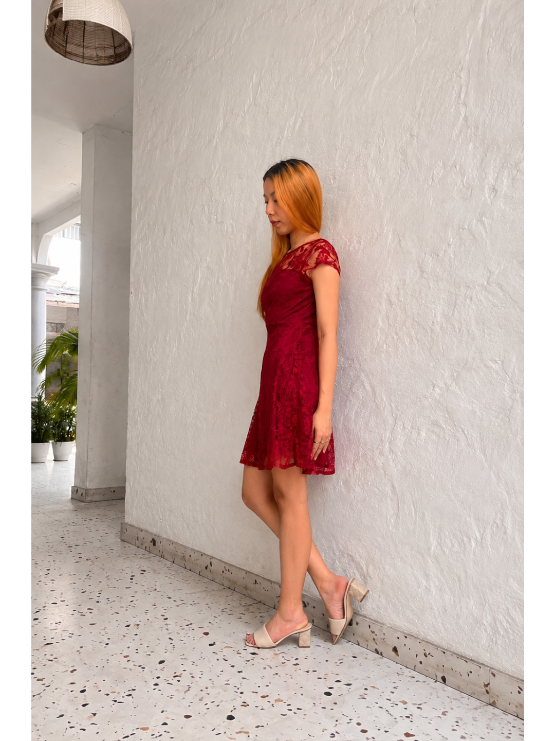Dark Pink Round Neck Cap Sleeves Low Back Lace Skater Dress for Women