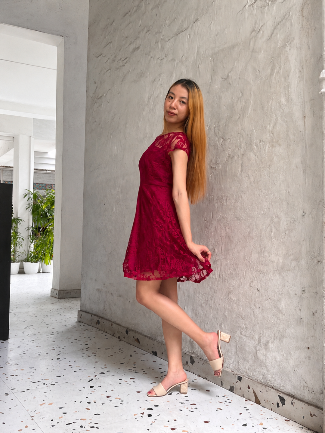 Dark Pink Round Neck Cap Sleeves Low Back Lace Skater Dress for Women