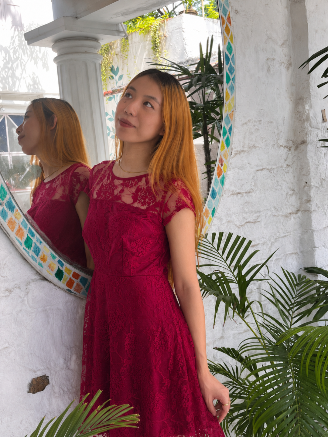 Dark Pink Round Neck Cap Sleeves Low Back Lace Skater Dress for Women