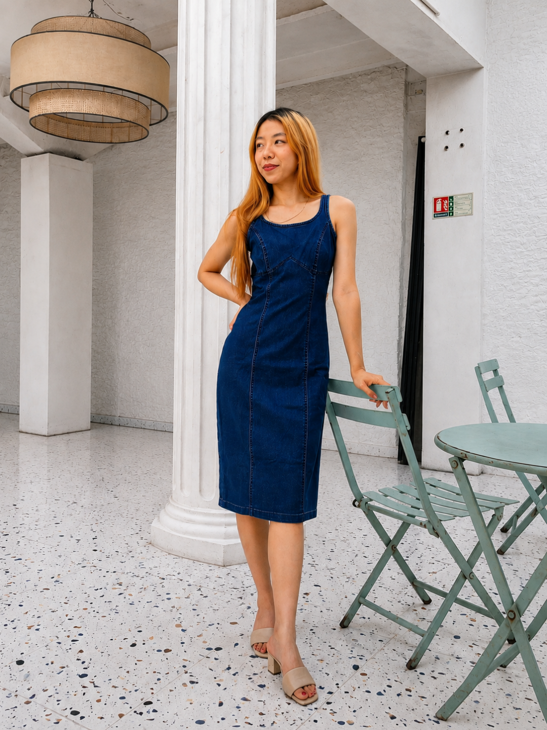 Navy Blue Scoop Neck Strappy Bustier Bodycon Midi Denim Dress For Women