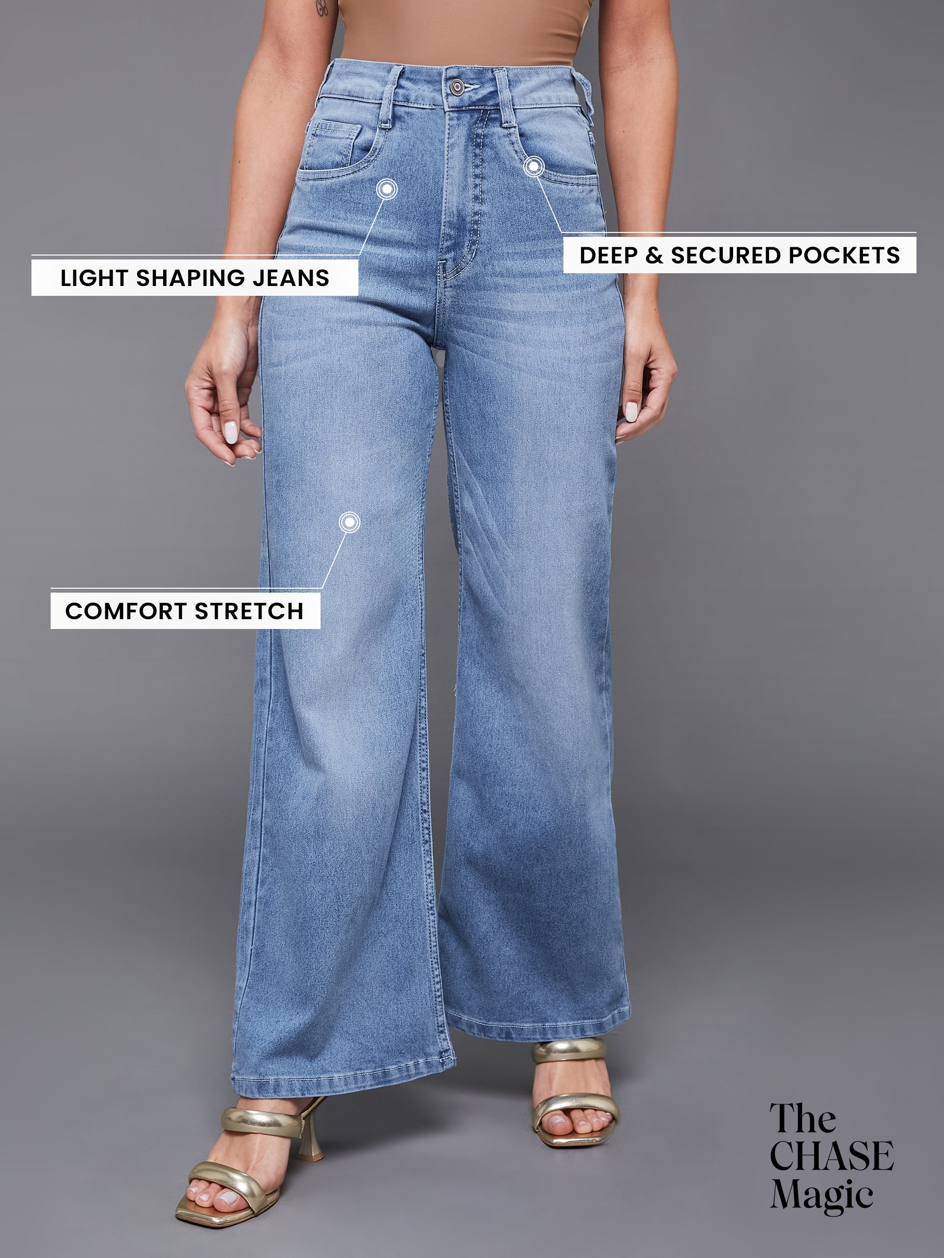 CHASEshape™ Light Blue Wide Leg High Rise Stretchable Denim Jeans