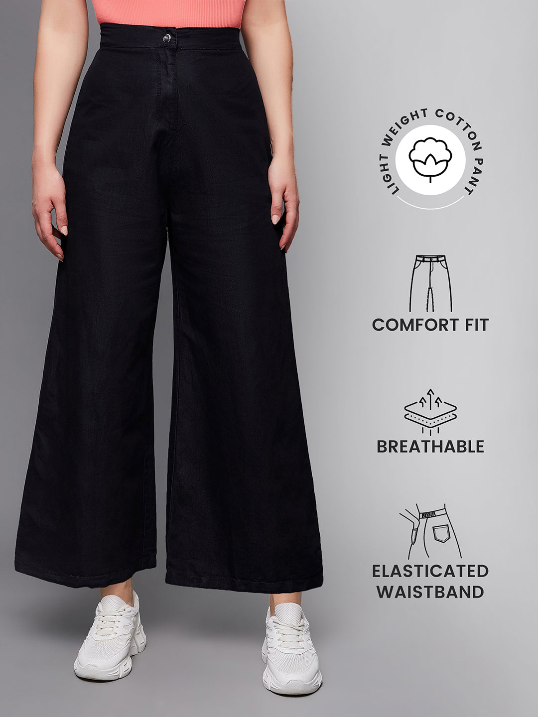 Women's Black Wide-Leg High Rise Clean Look Light Weight Regular Length Denim Pants