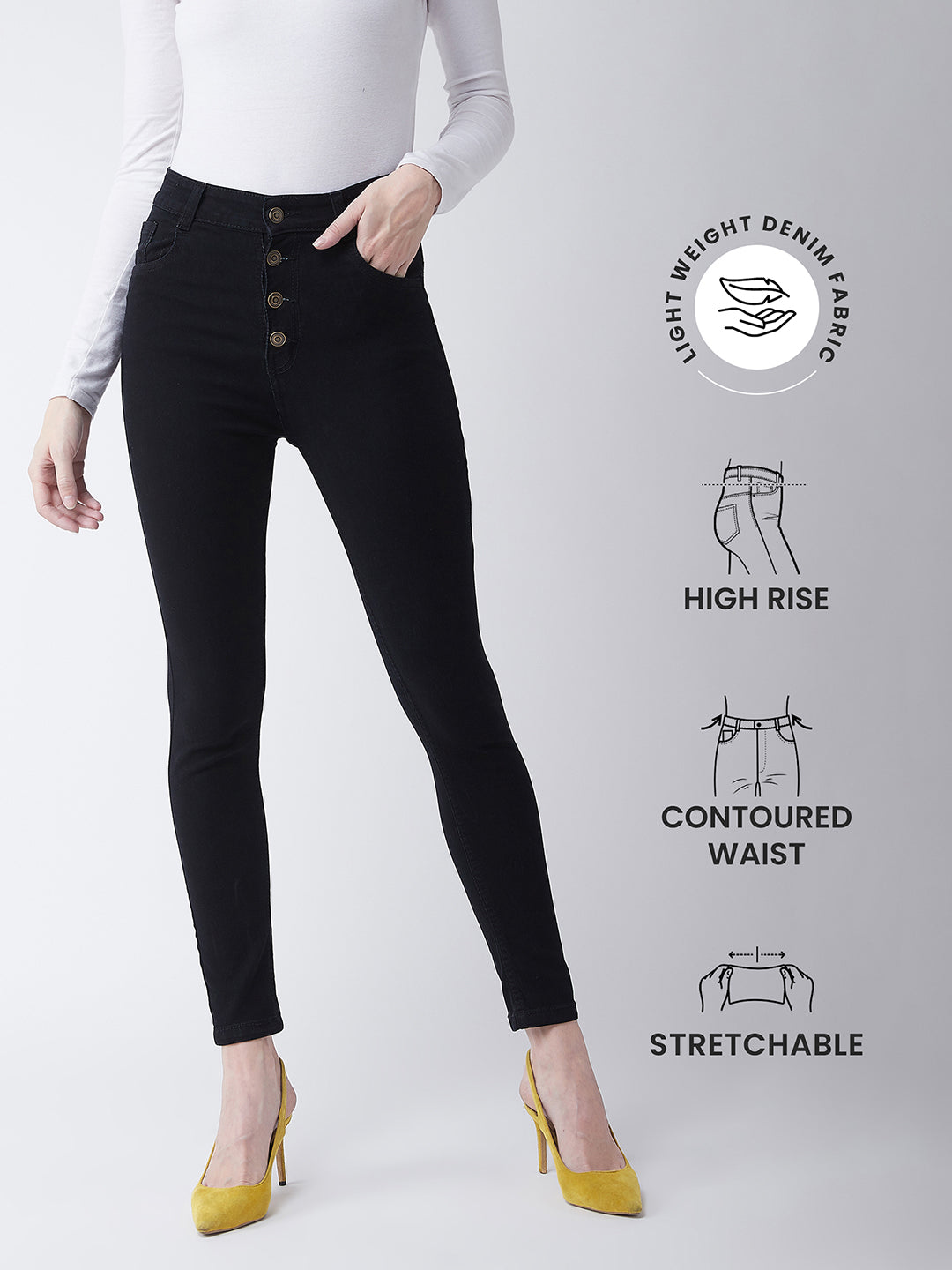 Women's Black Skinny Fit High Rise Clean Look Regular Length Stretchable Denim Jeans