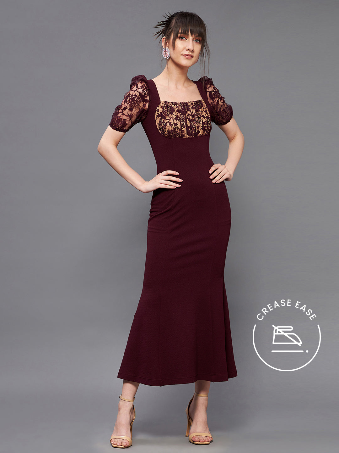 Crease Ease Women's Wine Square Neck Short Puff Sleeve Lace Bodycon Midi Dress