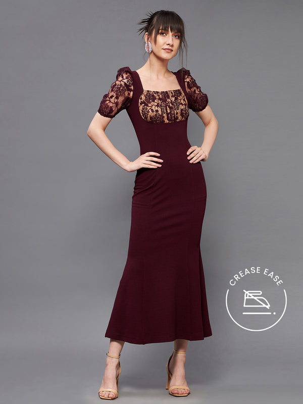 Crease Ease Women's Wine Square Neck Short Puff Sleeve Self Design Lace Overlaid Bodycon Midi Dress