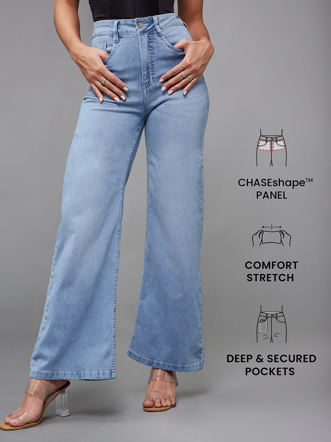 CHASEshape™ Light Blue Wide Leg High Rise Stretchable Denim Jeans