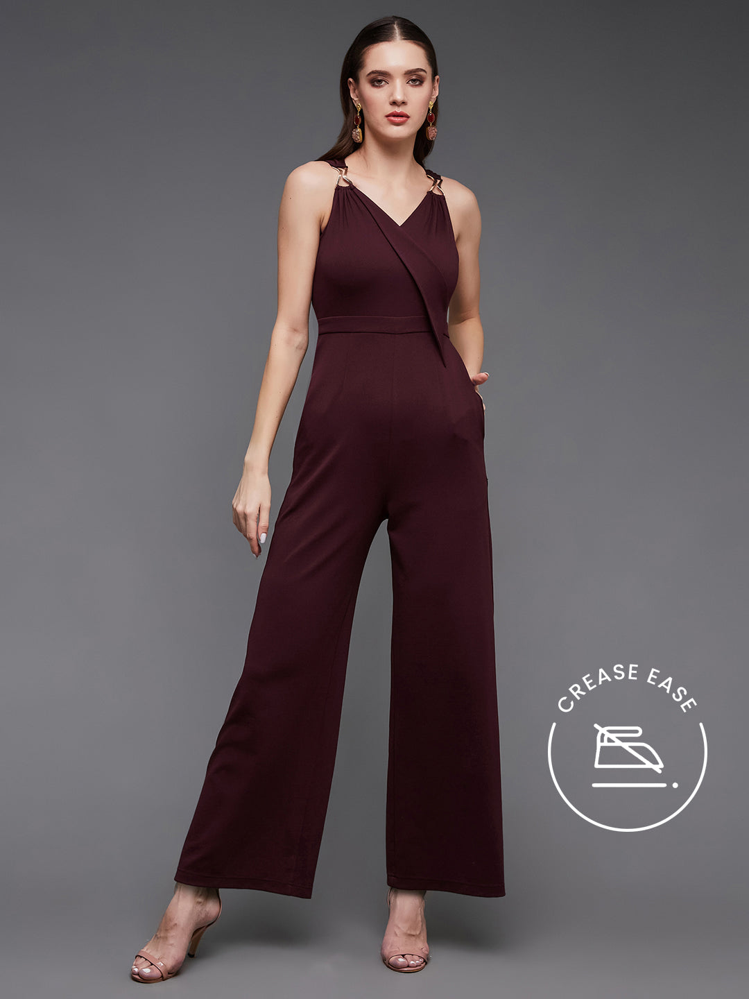 Crease Ease Women's Wine V-Neck Sleeveless Solid Wrap Regular Jumpsuit