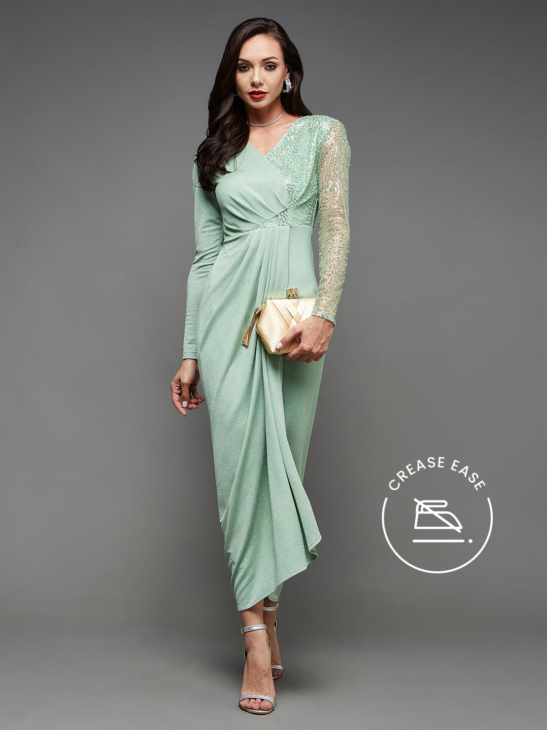 Crease Ease Cocktail Women's Mint Embellished V-Neck Full Sleeve Pleated Slim Fit Maxi Dress