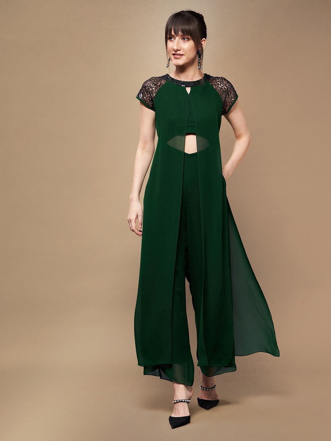 Women's Dark Green Round Neck Raglan Sleeve Sequined Layered Party Jumpsuit