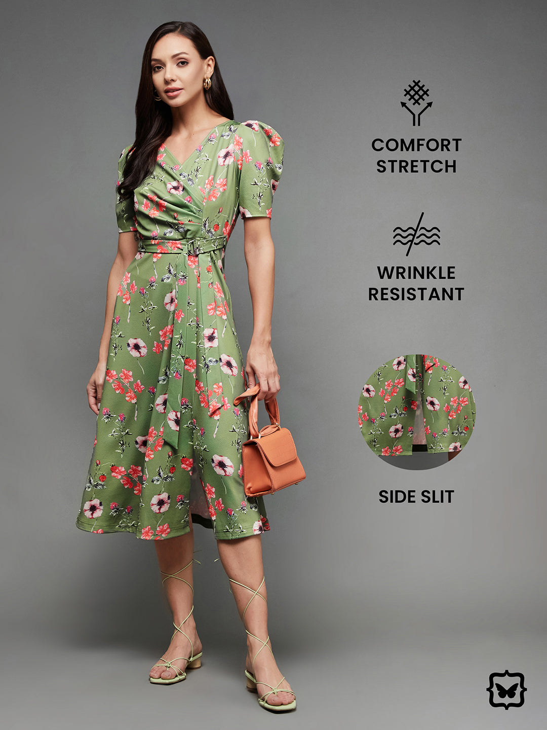 Crease Ease Women's Multicolored-Base-Green V-Neck Pleated Puff Sleeve Floral Patterned Wrap Midi Polyester Dress