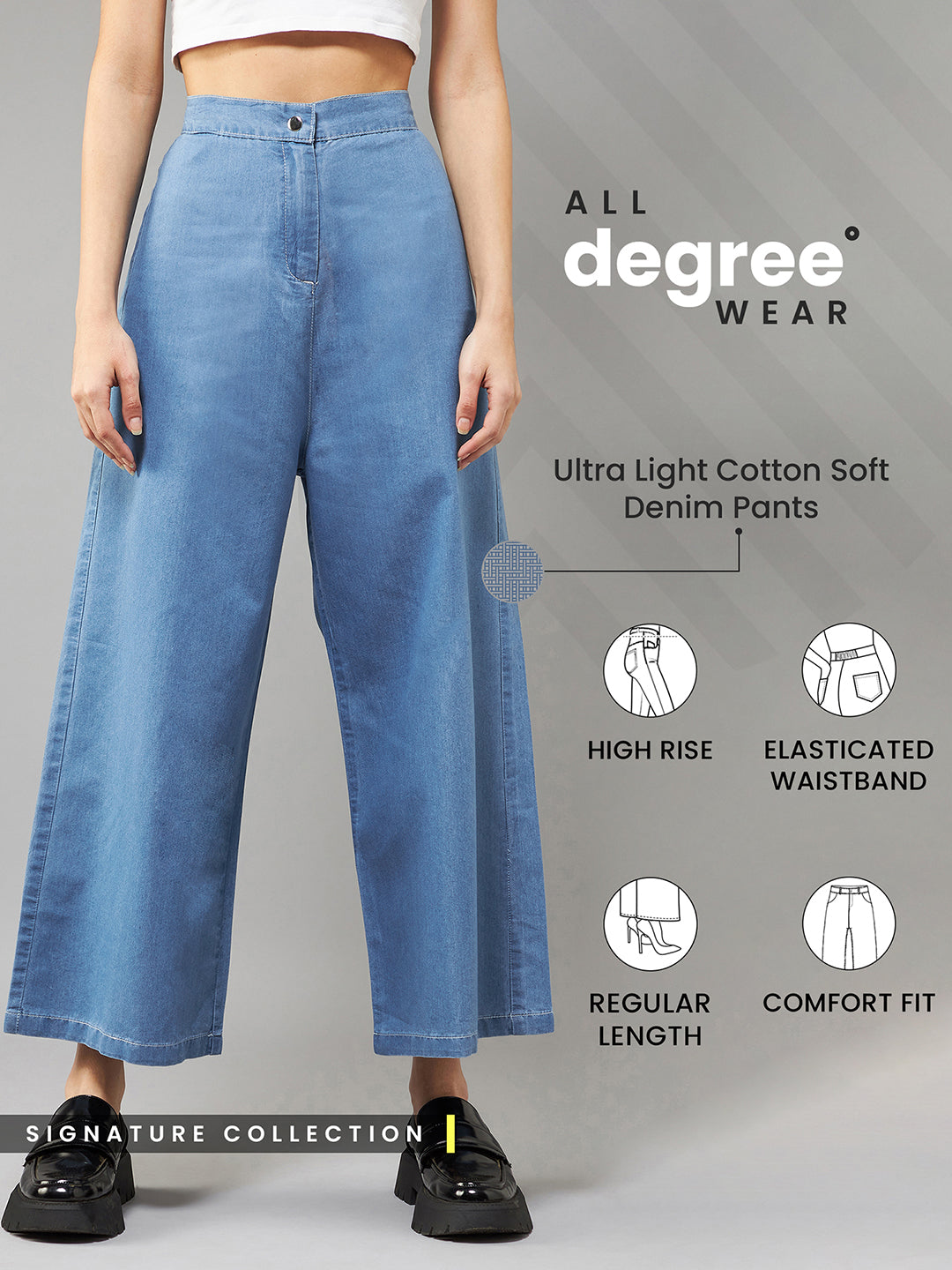 Women's Blue Flared Wide-Leg High Rise Non Stretchable Denim Pants