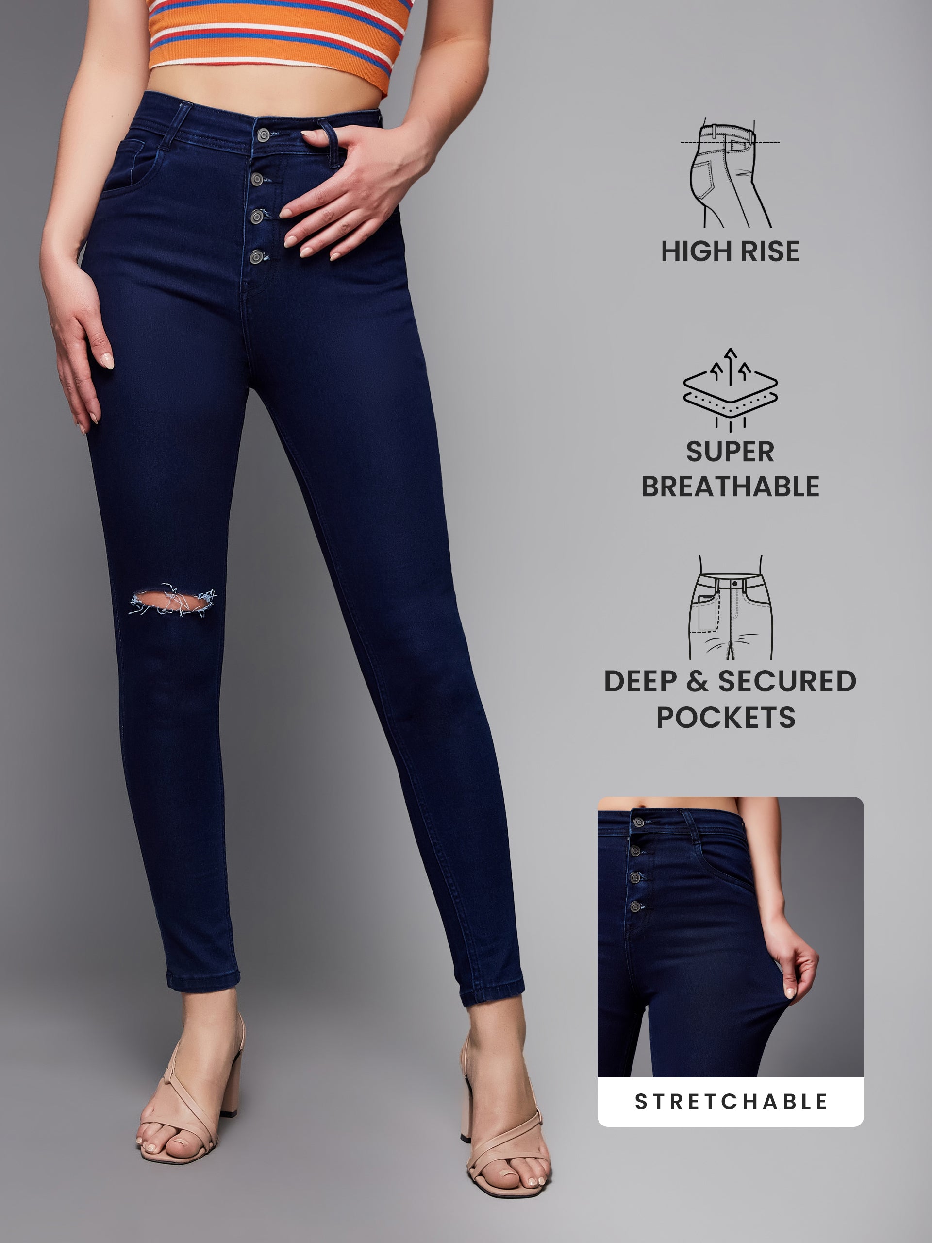 Women's Navy Blue Skinny High Rise Knee Slit Denim Jeans