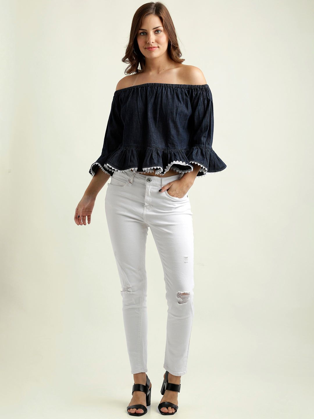 Women's Blue Denim Off-shoulder 3/4 Sleeve Gathered Lace Detailing Peplum Style Solid Bardot Top